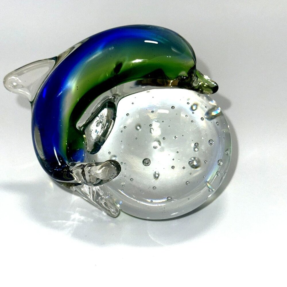 Art Glass Dolphin Paperweight Blue Green Figurine on Controlled Bubble Sphere